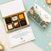 Logo printed chocolate gift box 6 pcs with 1 logo printed chocolate and a lotus pond Diwali design lid