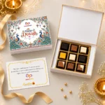 Assorted chocolate gift box 9 pcs with a peacock and floral Diwali design printed lid and message card
