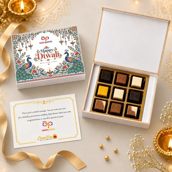 Assorted chocolate gift box 9 pcs with a peacock and floral Diwali design printed lid and message card