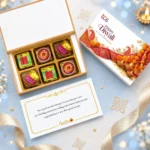 LuwuBox 6-piece Diwali cracker chocolate gift box with TCS-branded lid and personalized message card.
