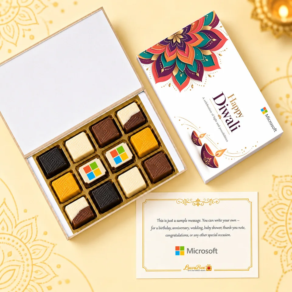 LuwuBox gift with 10 assorted + 2 printed chocolates, branded packaging and a message card