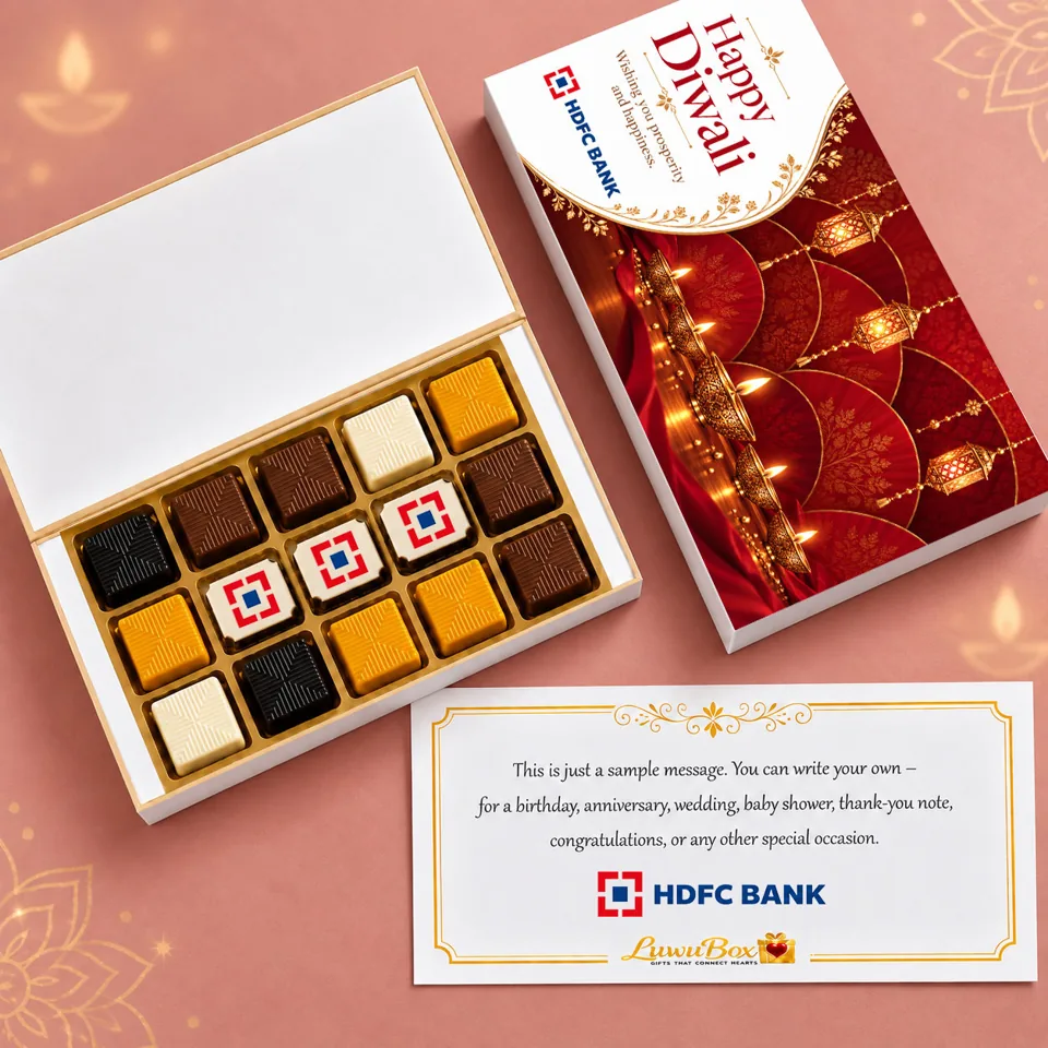 LuwuBox gift with 12 assorted + 3 printed chocolates, branded packaging and a message card