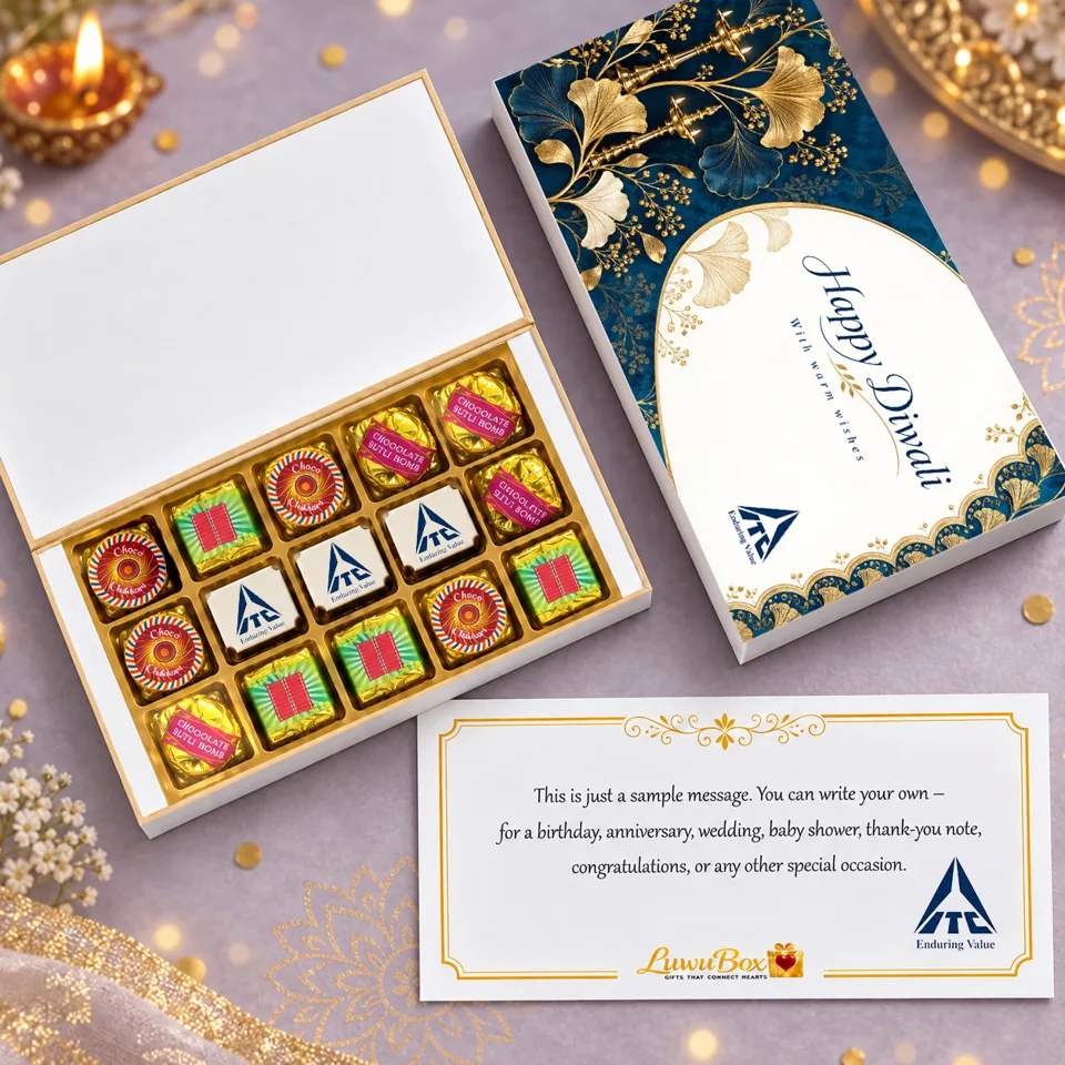 LuwuBox gift with 12 crackers + 3 printed chocolates, branded packaging and a message card