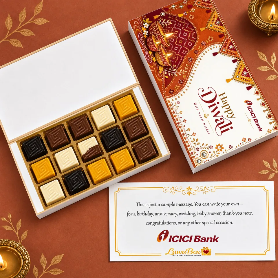 LuwuBox gift with 15 assorted chocolates, branded packaging and a message card