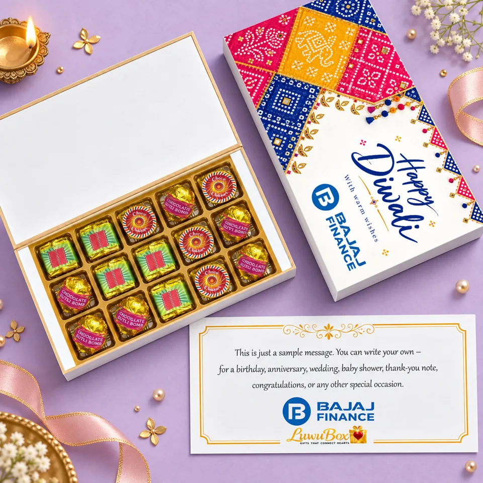 LuwuBox gift with 15 cracker-shaped chocolates, branded packaging and a message card