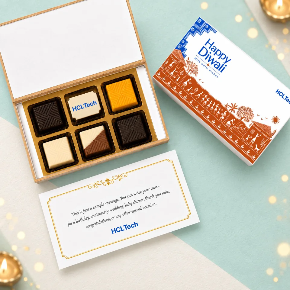 LuwuBox gift with 5 assorted + 1 printed chocolate, branded packaging and a message card