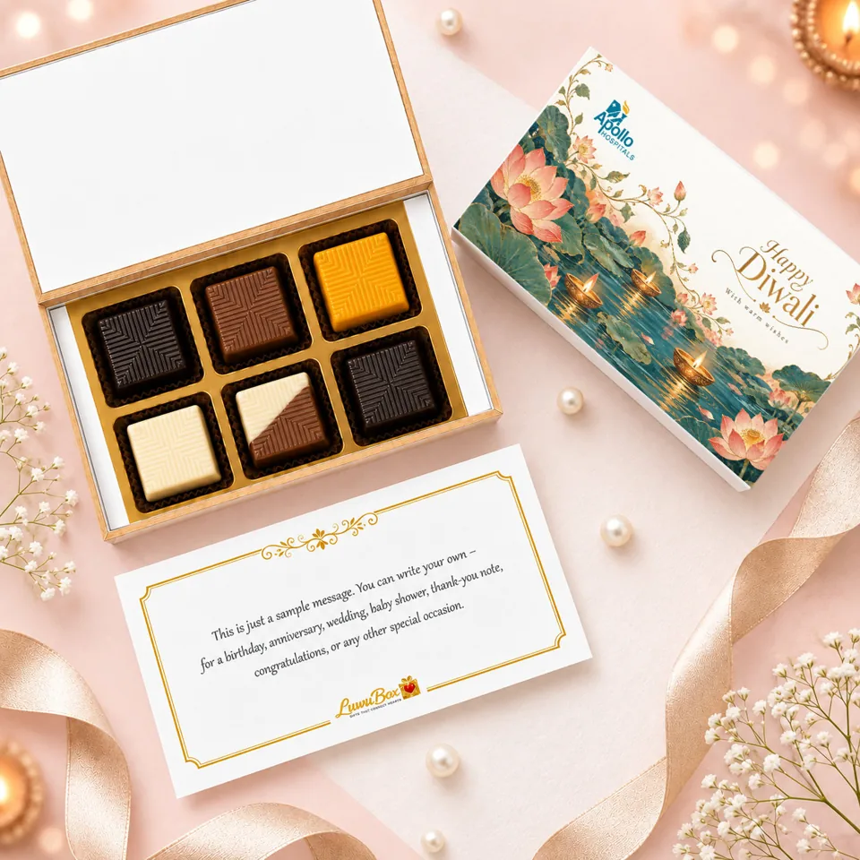 LuwuBox gift with 6 assorted chocolates, branded packaging and a message card