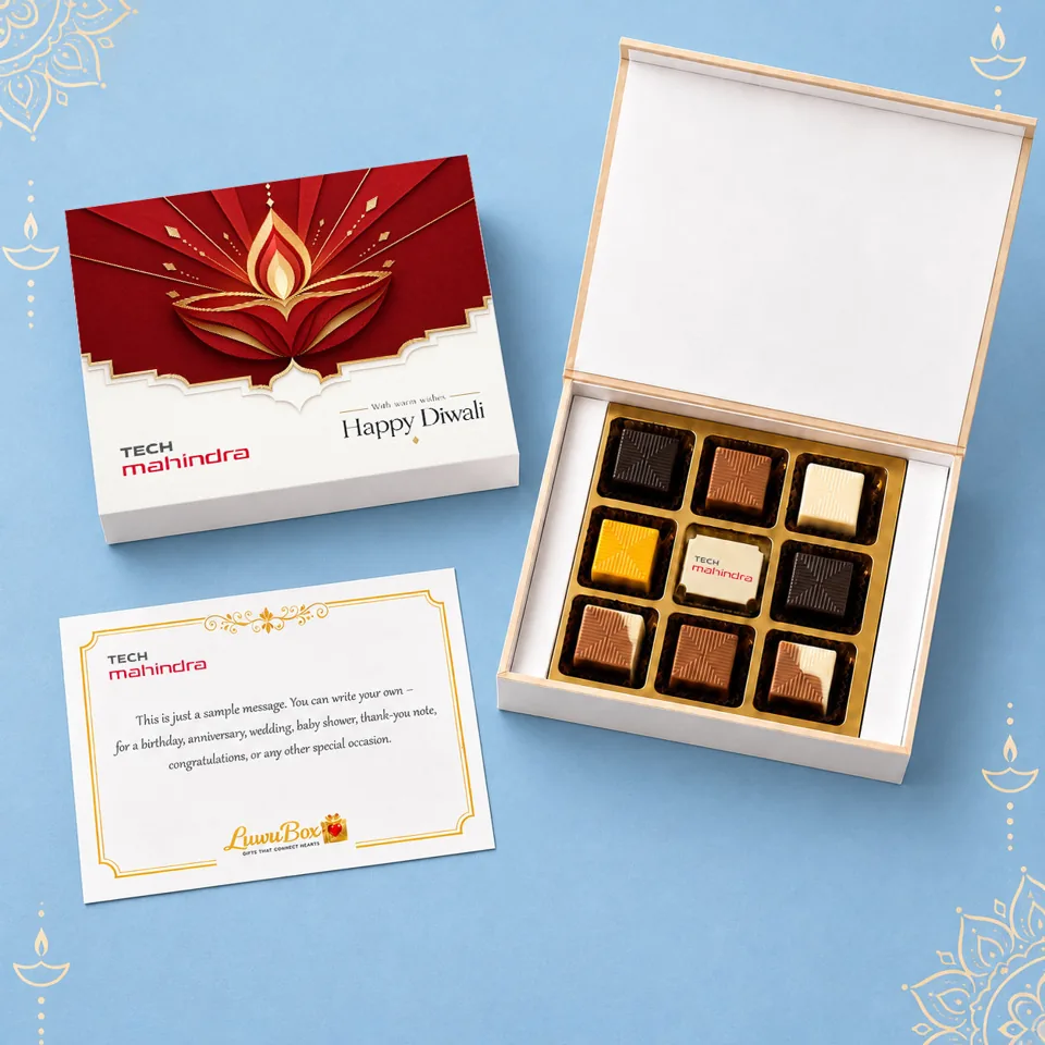 LuwuBox gift with 8 assorted + 1 printed chocolate, branded packaging and a message card