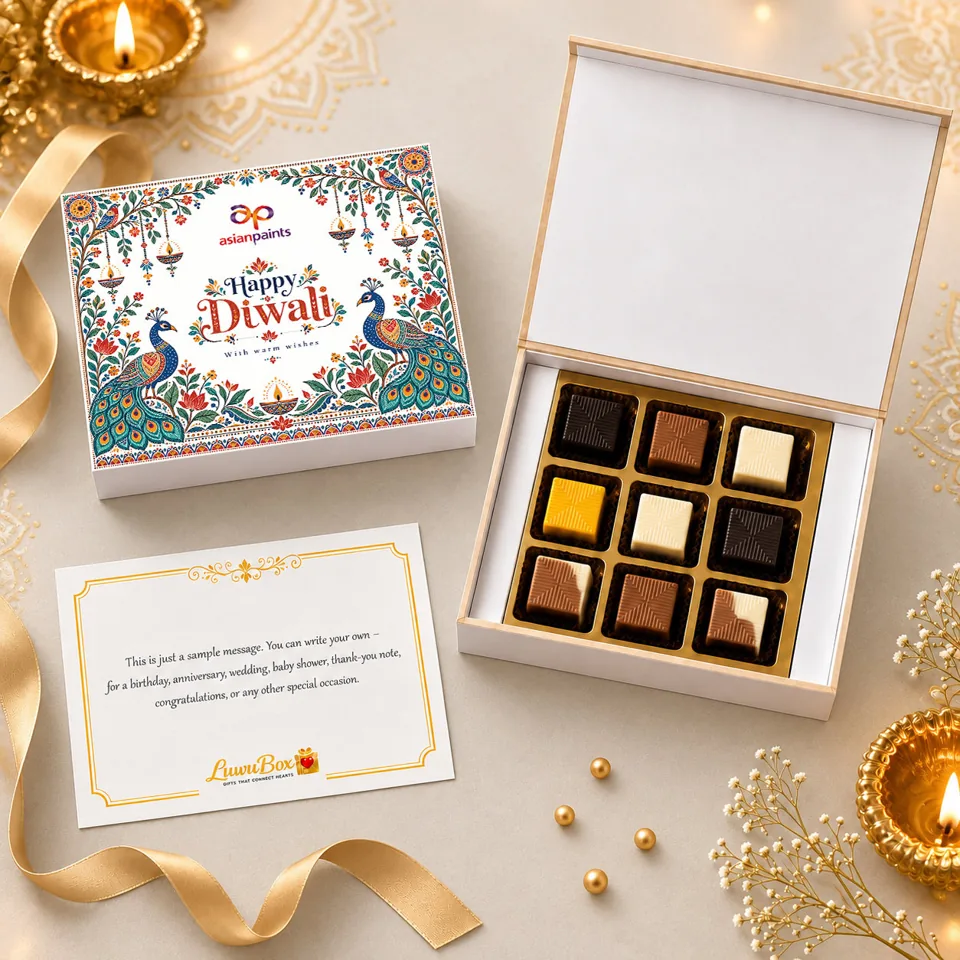 LuwuBox gift with 9 assorted chocolates, branded packaging and a message card