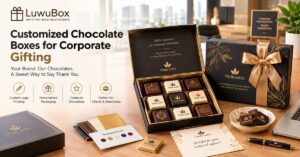 Customized chocolate boxes with a company logo on the lid and a message card for corporate gifting