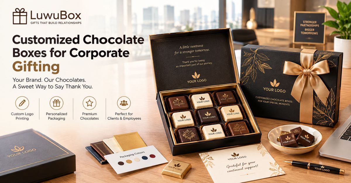 Customized chocolate boxes with a company logo on the lid and a message card for corporate gifting