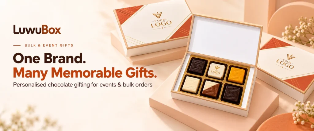 Bulk event gifts: matching branded chocolate boxes with a logo-printed chocolate for conferences and launches