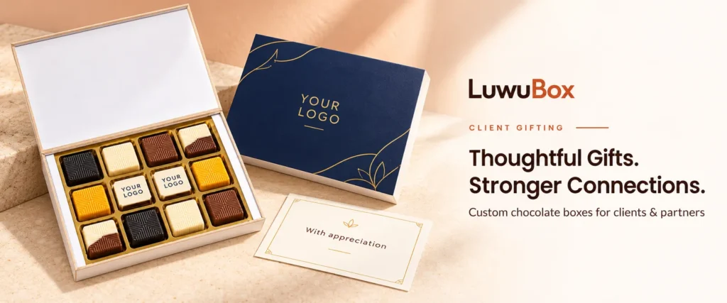 Client gift: 12-piece chocolate box with two logo-printed chocolates, a navy logo lid and an appreciation card