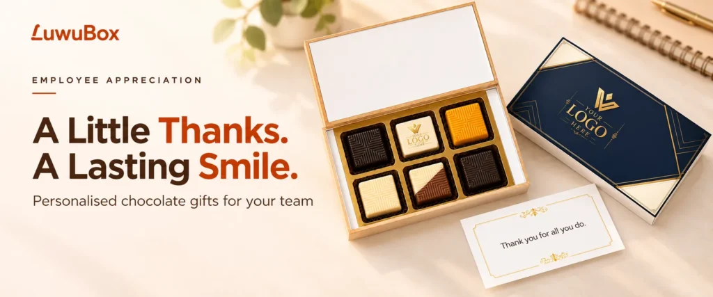 Employee appreciation gift: 6-piece chocolate box with a logo-printed chocolate, navy branded lid and thank-you card