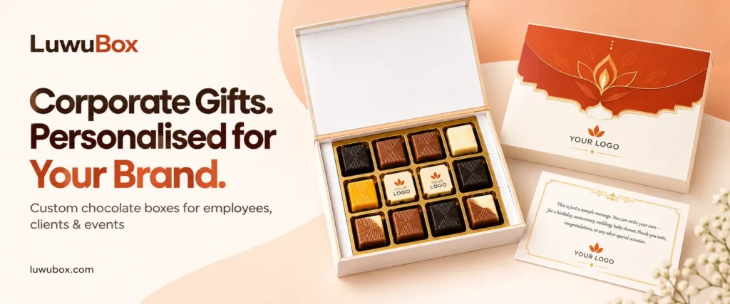 Personalised corporate chocolate gift box with logo-printed chocolates, a branded lid and a message card